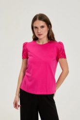 Gładka bluzka fuksjowa. Bluzki damskie MOODO, l, bez wzorów, z bawełny, bez kołnierzyka, bez ramiączek. Za 69.99 zł.