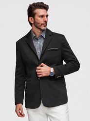 Dzianinowa marynarka męska o dopasowany kroju SLIM FIT - czarna V5 - Rozmiar: XL. Czarne marynarki męskie Ombre Clothing, bez wzorów, z bawełny, biznesowe. W wyprzedaży za 284.99 zł.