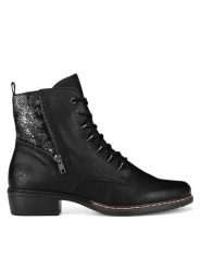 Rieker Botki Y0800-00 Czarny. Czarne botki damskie Rieker, z materiału, bez obcasa, na płaskiej podeszwie, bez zapięcia. Za 295.99 zł.