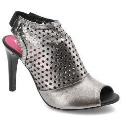 Sandały damskie Karino, skóra naturalna z gumką na pięcie i wysoką szpilką, srebrne, 1590-115-P. Szare sandały damskie Karino, bez wzorów, ze skóry, bez obcasa, na obcasie, bez zapięcia. Za 189.00 zł.