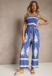 Niebieski Kombinezon Wide Leg z Wiskozy na Ramiączkach Zdobiony Etnicznym Wzorem Melriti. Niebieskie sukienki damskie Renee, na co dzień, m, z aplikacjami, z wiskozy, klasyczne, bez kołnierzyka, bez ramiączek. Za 59.99 zł.