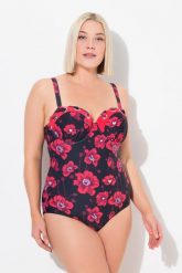 Damski Kostium kąpielowy kwiaty miękkie miseczki z fiszbinami. Czarne kostiumy jednoczęściowe damskie Ulla Popken, plus size, bez wzorów, z elastanu, plus size, do pływania. Za 223.99 zł.