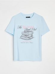 Koszulka z nadrukiem i haftem - błękitny. Niebieskie t-shirty damskie Sinsay, l, bez wzorów, bez kołnierzyka. Za 19.99 zł.