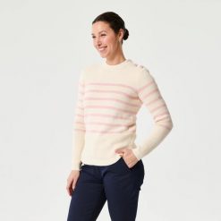 Sweter marynarski damski Decathlon 100. Białe swetry damskie Decathlon, l, bez wzorów, z bawełny, eleganckie, bez kołnierzyka, bez ramiączek, długie, bez kaptura. Za 99.99 zł.