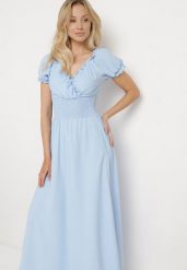 Jasnoniebieska Wiskozowa Sukienka z Gumką w Pasie i Trójkątnym Dekoltem Quneri. Niebieskie sukienki damskie Born2be, na imprezę, m, bez wzorów, z jeansu, eleganckie, bez kołnierzyka, bez ramiączek, maxi, sportowe. Za 64.99 zł.