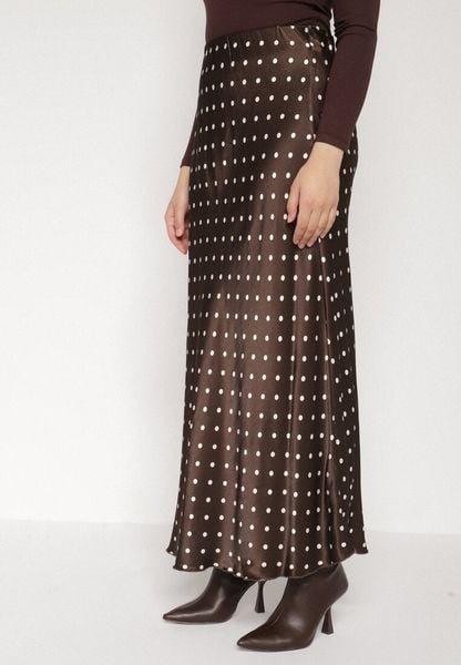 Brązowa Wiskozowa Spódnica Satynowa w Kropki o Rozkloszowanym Kroju Fedrana. Brązowe spódnice damskie Born2be, uniwersalny, bez wzorów, z satyny, eleganckie, maxi, rozkloszowane. Za 149.99 zł.