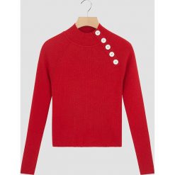 Sweter w kolorze czerwonym. Czerwone swetry damskie Rodier, bez wzorów, prążkowane, bez kołnierzyka, bez ramiączek, bez kaptura. W wyprzedaży za 172.95 zł.