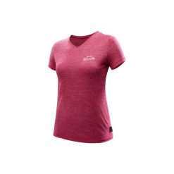 Koszulka turystyczna z krótkim rękawem TRAVEL 500 WOOL damska. Czerwone t-shirty damskie FORCLAZ, z materiału. Za 59.99 zł.