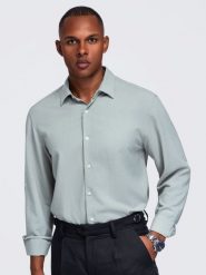 Męska wiskozowo-lniana koszula o kroju regular - pastelowa zieleń V4 - Rozmiar: M. Szare koszule męskie Ombre Clothing, m, bez wzorów, z denimu, biznesowe, bez kołnierzyka, bez ramiączek. W wyprzedaży za 129.99 zł.