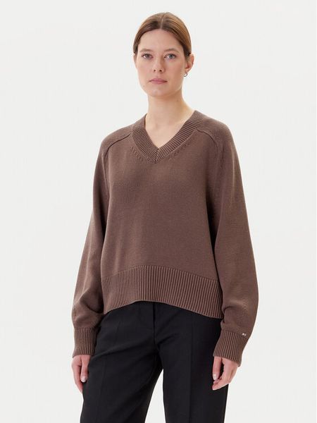 Tommy Hilfiger Sweter WW0WW45700 Brązowy Regular Fit. Brązowe swetry damskie Tommy Hilfiger, xxl, bez wzorów, z bawełny, bez kołnierzyka, bez ramiączek, bez kaptura. Za 389.99 zł.