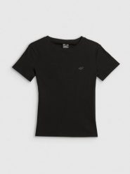 4F T-shirt slim prążkowany damski - czarny XS. Czarne t-shirty damskie 4f, xs, bez wzorów, z dzianiny, klasyczne, bez kołnierzyka. Za 49.99 zł.