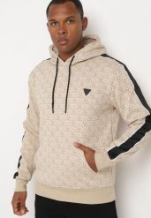 Beżowa Bluza z Kapturem w Geometryczny Print Zdobiona Lampasem Venandria. Brązowe bluzy męskie Born2be, m, z aplikacjami, z jeansu, z kapturem, trekkingowe. Za 84.99 zł.