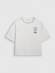 4F T-shirt oversize z nadrukiem damski - szary M. Szare koszulki sportowe damskie 4f, m, bez wzorów, z bawełny, bez kołnierzyka, bez ramiączek. W wyprzedaży za 49.99 zł.