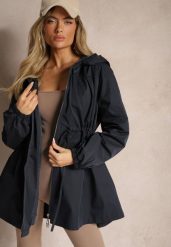 Granatowa Kurtka w Stylu Parki Wiązana w Pasie Nevithia. Niebieskie kurtki damskie Renee, xl, bez wzorów, z jeansu, bez kaptura. Za 59.99 zł.