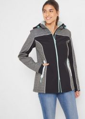 Kurtka softshell z odblaskowymi elementami, z materiału odpychającego wodę. Szare kurtki sportowe damskie bonprix, bez wzorów, z softshellu, bez kaptura. Za 299.99 zł.