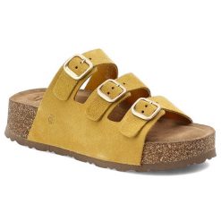 Klapki damskie Yokono, cholewka ze skóry naturalnej zamszowej z trzema szerokimi paskami, żółte, Wiwi-263 Ser Mostaza. Żółte klapki damskie Yokono, bez wzorów, ze skóry, bez obcasa. Za 249.00 zł.