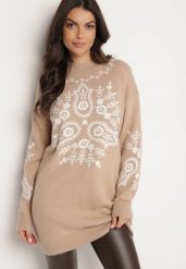 Beżowy Długi Sweter z Wiskozą Ozdobiony Haftem Delarose. Brązowe swetry damskie Born2be, na jesień, bez wzorów, z jeansu, eleganckie, bez kołnierzyka, bez ramiączek, długie, bez kaptura. Za 149.99 zł.