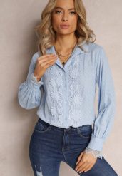 Niebieska Koszula z Koronką i Kołnierzem Ranamas. Niebieskie bluzki damskie Renee, m, bez wzorów, z koronki, klasyczne, bez kołnierzyka, bez ramiączek. Za 39.99 zł.