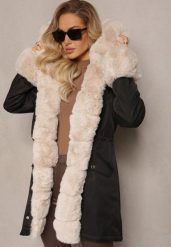 Czarno-Beżowa Kurtka Parka z Paskiem w Talii i Kapturem z Futerkiem Hizontia. Czarne kurtki damskie Renee, l, bez wzorów, z futra. Za 289.99 zł.