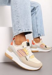 Beżowo-Pomarańczowe Sznurowane Sneakersy na Niskim Koturnie Xanthema. Brązowe obuwie sportowe damskie Born2be, bez wzorów, z denimu. Za 74.99 zł.