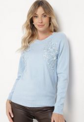 Jasnoniebieski Sweter z Koronkowymi Wstawkami z Bawełną Deriera. Niebieskie swetry damskie Born2be, m, z aplikacjami, z bawełny, klasyczne, bez kołnierzyka, bez ramiączek, długie, bez kaptura. Za 64.99 zł.