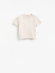 Bawełniany t-shirt - beżowy. Brązowe t-shirty damskie Reserved, l, bez wzorów, z bawełny, bez kołnierzyka. Za 25.99 zł.