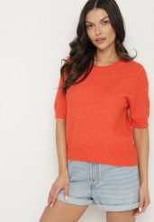 Pomarańczowy Sweter z Wełną i Krótkim Rękawem Turosa. Brązowe swetry damskie Born2be, bez wzorów, z jeansu, eleganckie, bez kołnierzyka, bez ramiączek, krótkie, bez kaptura. Za 109.99 zł.