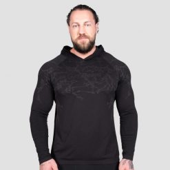 Koszulka męska fitness z kapturem czarna Static. Czarne koszulki sportowe męskie GYMBEAM, l, bez wzorów, z materiału, bez kołnierzyka, bez ramiączek, do biegania. Za 130.90 zł.