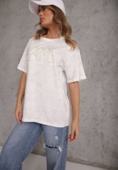 Biały Bawełniany T-shirt Oversize z Haftowanym Napisem z Cekinami Talomora. Białe bluzki damskie Renee, m, bez wzorów, z bawełny, rockowe, bez kołnierzyka, bez ramiączek. Za 59.99 zł.