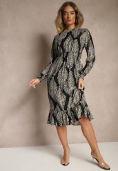 Czarna Rozkloszowana Sukienka w Etniczny Print z Gumką w Talii i Falbanką Napirea. Czarne sukienki damskie Renee, na co dzień, m, bez wzorów, eleganckie, bez kołnierzyka, bez ramiączek, midi, rozkloszowane. Za 89.99 zł.