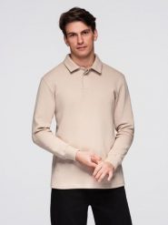 Bluza męska z kołnierzykiem polo ze strukturalnej dzianiny - beżowa V2 - Rozmiar: M. Brązowe bluzy męskie Ombre Clothing, m, bez wzorów, z bawełny, bez kaptura. W wyprzedaży za 59.99 zł.