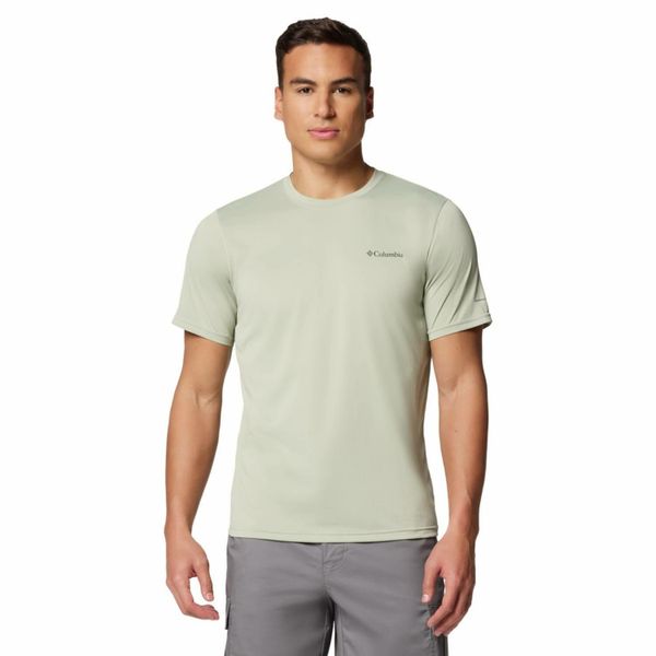 Koszulka szybkoschnąca męska Columbia Hike Crew z krótkim rękawem. Zielone koszulki sportowe męskie Columbia, l, bez wzorów, bez kołnierzyka, bez ramiączek, trekkingowe. Za 94.99 zł.