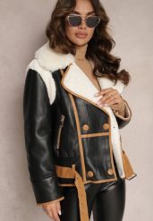 Czarna Kurtka Biker z Ozdobną Lamówką Paskiem z Klamrą i Futerkiem Liraeua. Czarne kurtki damskie Renee, l, bez wzorów, bez kaptura. Za 279.99 zł.