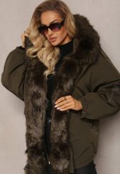 Ciemnozielona Kurtka Parka Oversize z Futerkiem Horelle. Zielone kurtki damskie Renee, na zimę, l, z aplikacjami, z tkaniny, klasyczne, bez kaptura. Za 309.99 zł.