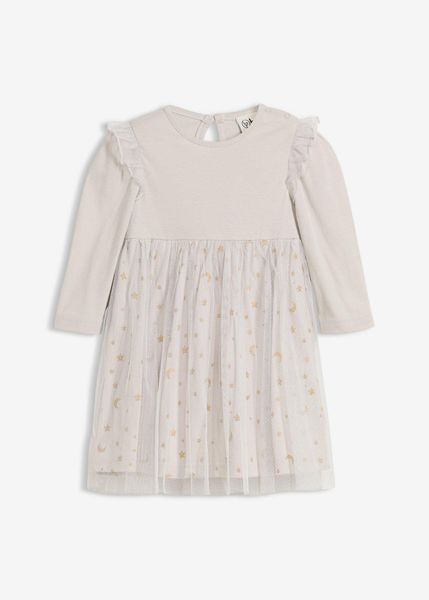 Sukienka niemowlęca z body, z falbankami i tiulem. Szare sukienki niemowlęce bonprix, bez wzorów, z tiulu, bez ramiączek, długie. Za 74.99 zł.
