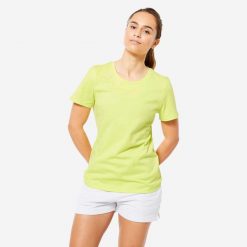 Koszulka z krótkim rękawem damska Domyos Gym & Pilates 500 Essentials. Szare koszulki sportowe damskie DOMYOS, m, bez wzorów, z bawełny, bez kołnierzyka, bez ramiączek, na fitness i siłownię. Za 24.99 zł.
