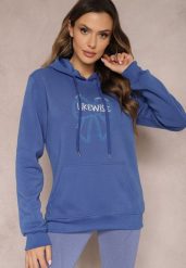 Niebieska Bluza Wykończona Polarem z Nadrukiem i Kapturem Nimba. Niebieskie bluzy damskie Renee, l, bez wzorów, z bawełny. Za 79.99 zł.