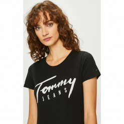 Tommy Jeans - Top. Brązowe topy damskie Tommy Jeans, z nadrukiem, z bawełny, z okrągłym kołnierzem, z krótkim rękawem. Za 139.90 zł.