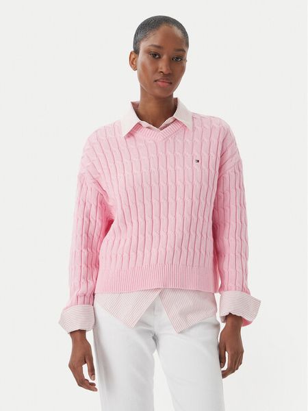 Tommy Hilfiger Sweter WW0WW48433 Różowy jasny Regular Fit. Czerwone swetry damskie Tommy Hilfiger, s, bez wzorów, z bawełny, bez kołnierzyka, bez ramiączek, bez kaptura. Za 471.99 zł.