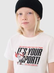 4F T-shirt regular z nadrukiem chłopięcy - biały 146 (10-11 lat). Białe t-shirty dla chłopców 4f, bez wzorów, z bawełny, bez ramiączek. W wyprzedaży za 19.99 zł.