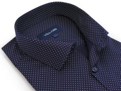 Granatowa koszula w kropki A084. Koszule męskie Mmer / Villaro - Koszule męskie, m, bez wzorów, z bawełny, casualowe, bez kołnierzyka, bez ramiączek. W wyprzedaży za 198.00 zł.