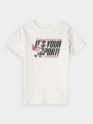 4F T-shirt regular z nadrukiem chłopięcy - biały 140 (9-10 lat). Białe t-shirty dla chłopców 4f, bez wzorów, z bawełny, bez ramiączek. W wyprzedaży za 19.99 zł.