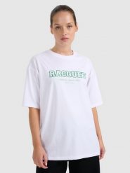 4F T-shirt oversize z nadrukiem damski - biały XL. Białe koszulki sportowe damskie 4f, uniwersalny, bez wzorów, z bawełny, bez kołnierzyka, bez ramiączek. W wyprzedaży za 39.99 zł.