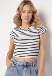 Biało-Czarny Bawełniany T-shirt Koszulka z Krótkim Rękawem i Wycięciem przy Dekolcie Zolianara. Białe bluzki damskie Born2be, m, bez wzorów, z bawełny, bez kołnierzyka. Za 34.99 zł.