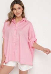 Różowa Bawełniana Koszula o Kroju Oversize Zialira. Czerwone bluzki damskie Born2be, bez wzorów, z bawełny, eleganckie, bez kołnierzyka, bez ramiączek. Za 84.99 zł.