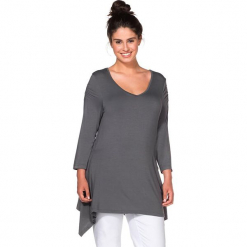 Koszulka w kolorze antracytowym. Szare t-shirty damskie Sheego, z asymetrycznym kołnierzem. W wyprzedaży za 56.95 zł.