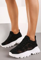 Czarne Ażurowe Sneakersy na Niskiej Platformie przed Kostkę Timane. Czarne obuwie sportowe damskie Renee, w ażurowe wzory, z jeansu. Za 119.99 zł.