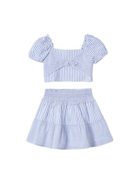 Mayoral Komplet bluzka i spódnica 3945 Niebieski Regular Fit. Niebieskie bluzki dla dziewczynek Mayoral, bez wzorów, z bawełny, bez ramiączek. Za 109.99 zł.