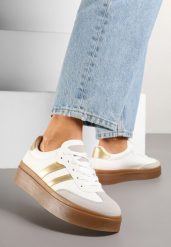 Biało-Złote Klasyczne Sneakersy Tenisówki na Niskiej Platformie Denirla. Białe obuwie sportowe damskie Renee, bez wzorów, z jeansu, eleganckie, bez zapięcia. Za 74.99 zł.