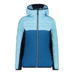 Hybrydowa kurtka damska z kapturem CMP Unlimitech. Niebieskie kurtki sportowe damskie CMP, bez wzorów, z puchu, z kapturem, trekkingowe. W wyprzedaży za 599.50 zł.
